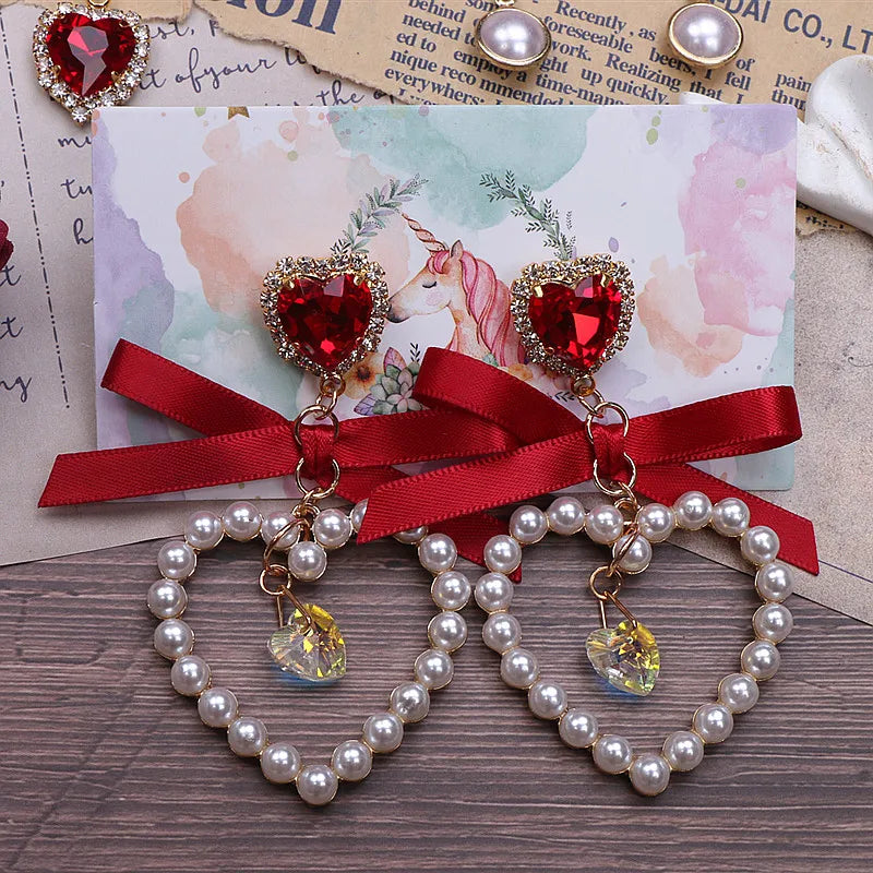 Dainty Japanese Style Women's Bow Earing Sweat Pearl Heart Earings Rhinestone Pendant Heart Earrings Accessories for Girl
