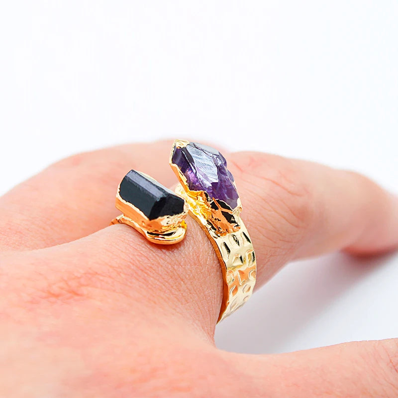 Amethyst with Black Tourmaline Open Ring for Women Girls Gold-color Irregular Rough Stone Finger Jewelry Resizable