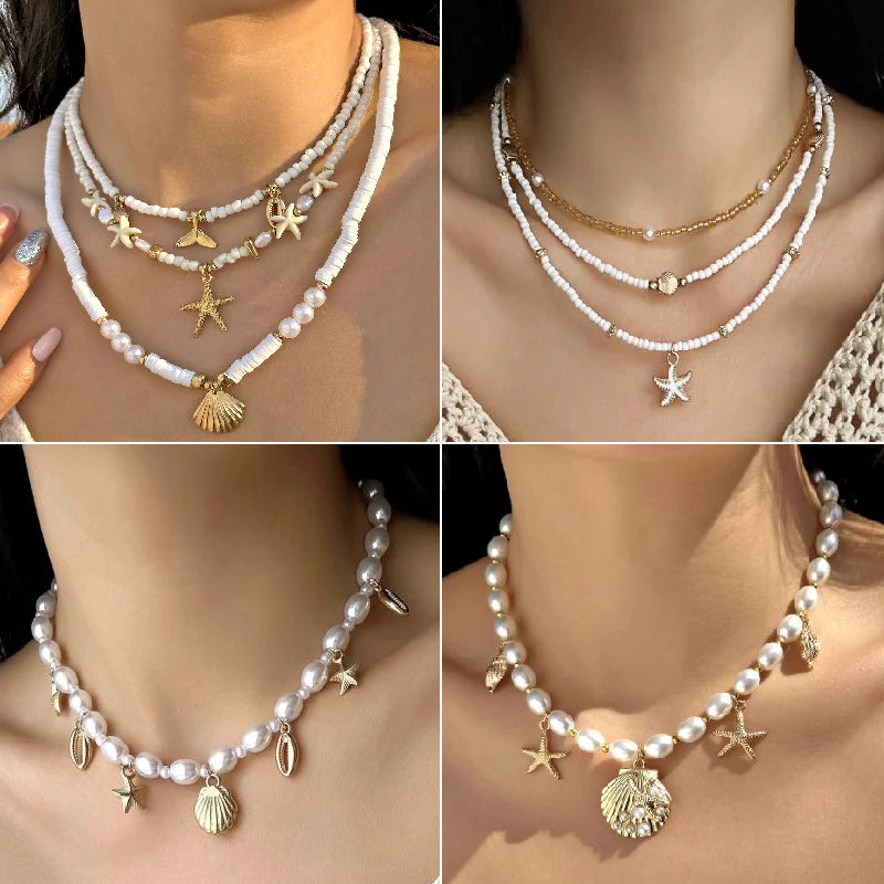 Boho Shell Turquoise Multi-layer Starfish Beaded Necklace for Women Beach Holiday Jewelry Minimalist Accessories