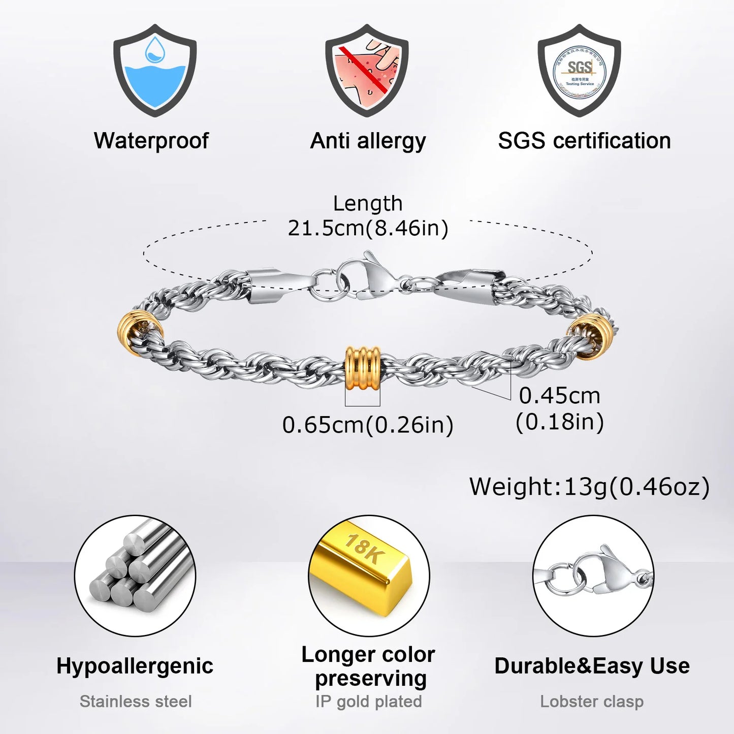 New Stainless Steel Bracelets for Men Boys,Gold Silver Color Twisted Rope Chain NK Chain,Birthday Anniversary Gifts for Him