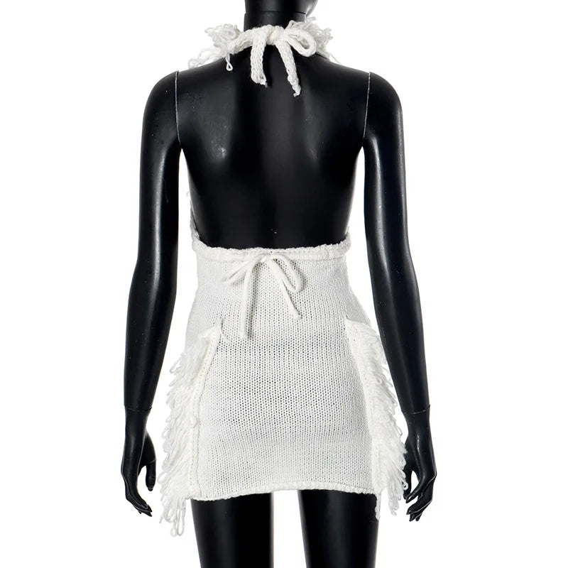 HLJ Sexy Knit Tassels 2 Piece Sets Woman Outfit Long Sleeve Lace-Up Cardigan Tops + Mini Skirts Suits Female Streetwear Clothing