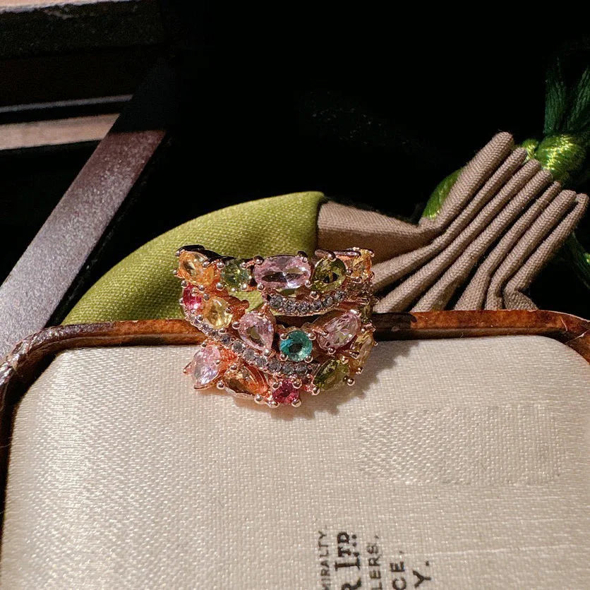 Women Austrian Rainbow Gem Bracelet Fantasy Bubble Plated 18K Gold Margaret Colored Gem Zircon Ring