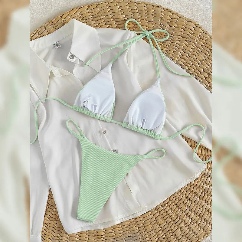 11 Colors Women Sexy Simple Solid Halter Bikini Swimsuit High Waisted Lace Up Beach Bathing Suit Special Pit Stripe Fabric 2024
