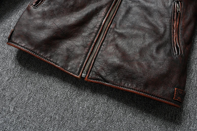 Vintage Red Brown Men Leather Jacket 100% Cowhide Jackets Slim Fit Soft Skin Coat Autumn Jaqueta Masculina De Couro