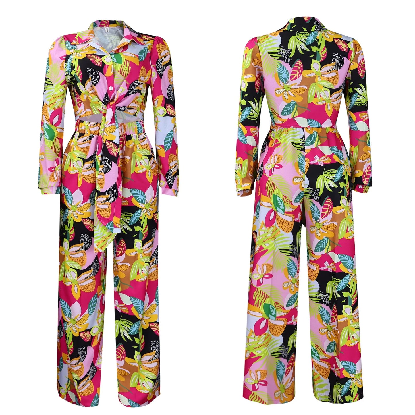 Women 2 Pieces Printed Pants Sets Blouse & Wide Leg Pants Floor Length Fashion High Street Wear Female Two Pieces Matching Sets
