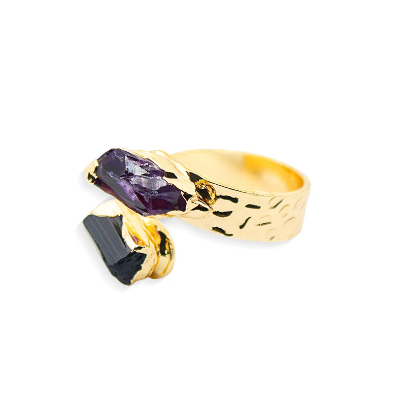 Amethyst with Black Tourmaline Open Ring for Women Girls Gold-color Irregular Rough Stone Finger Jewelry Resizable