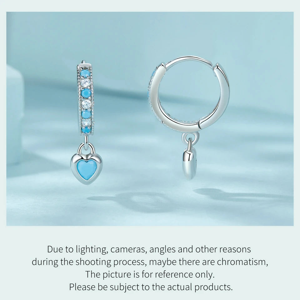 WOSTU 925 Sterling Silver Blue Heart-shaped Turquoise Hoop Earrings For Women Shiny CZ Drop Dangle Earrings Pendientes Jewelry