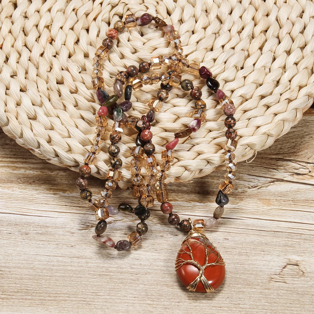 New Fashion Bohemian Spring Women Jewelry 6mm Natural Stone Knot Necklace Hand Wrapped Life Tree Stone Drop Pendant Necklace