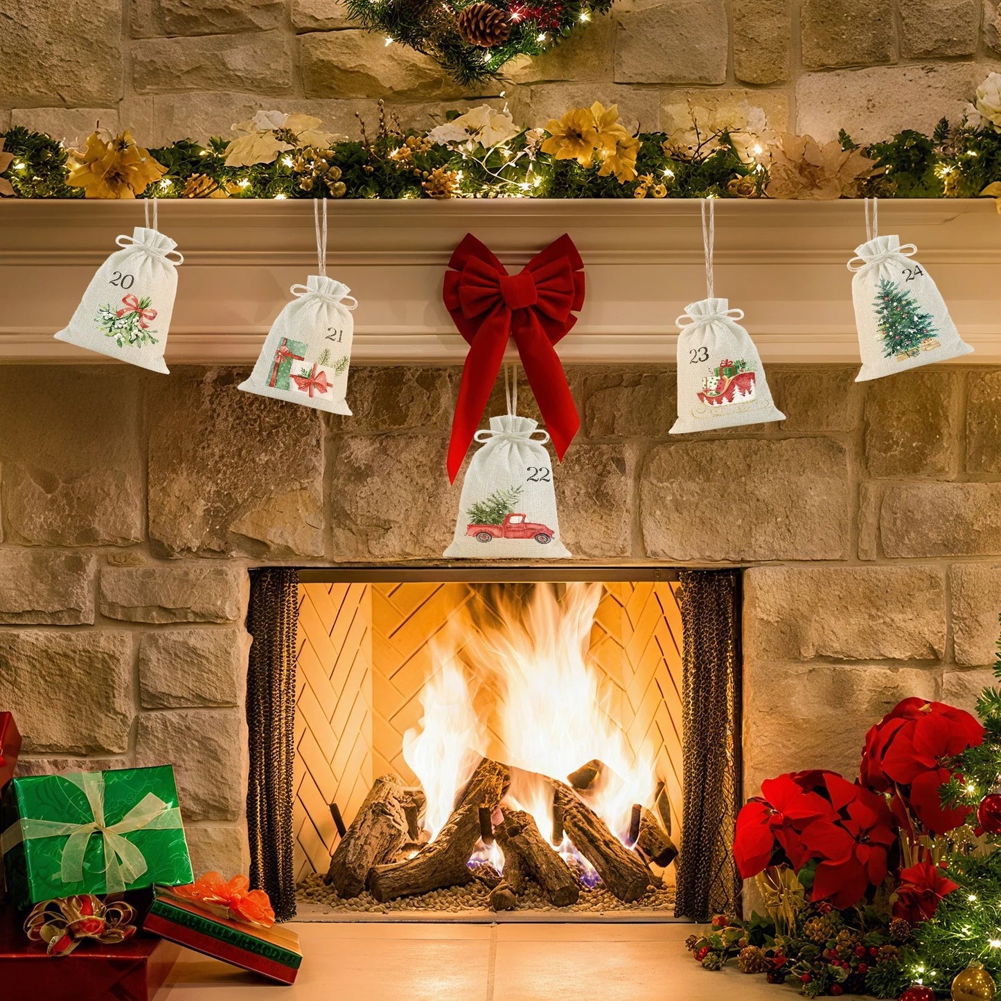 24pcs Drawstrings Christmas Gift Bags, 24 Days Countdown Calendar Christmas Bags for Xmas Tree Decorations Holiday Party