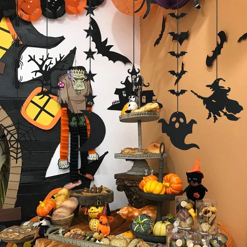 6pcs Halloween Hanging Banner Garland Scary Spider Witch Ghost Bat Pendant Ornament Happy Halloween Party Decorations for Home