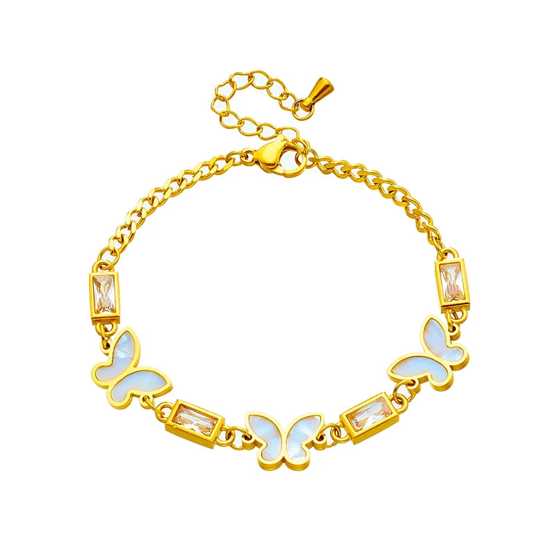 DIEYURO 316L Stainless Steel White Square Crystal Butterfly Charm Bracelet For Women New Fashion Girls Bangles Jewelry Gifts