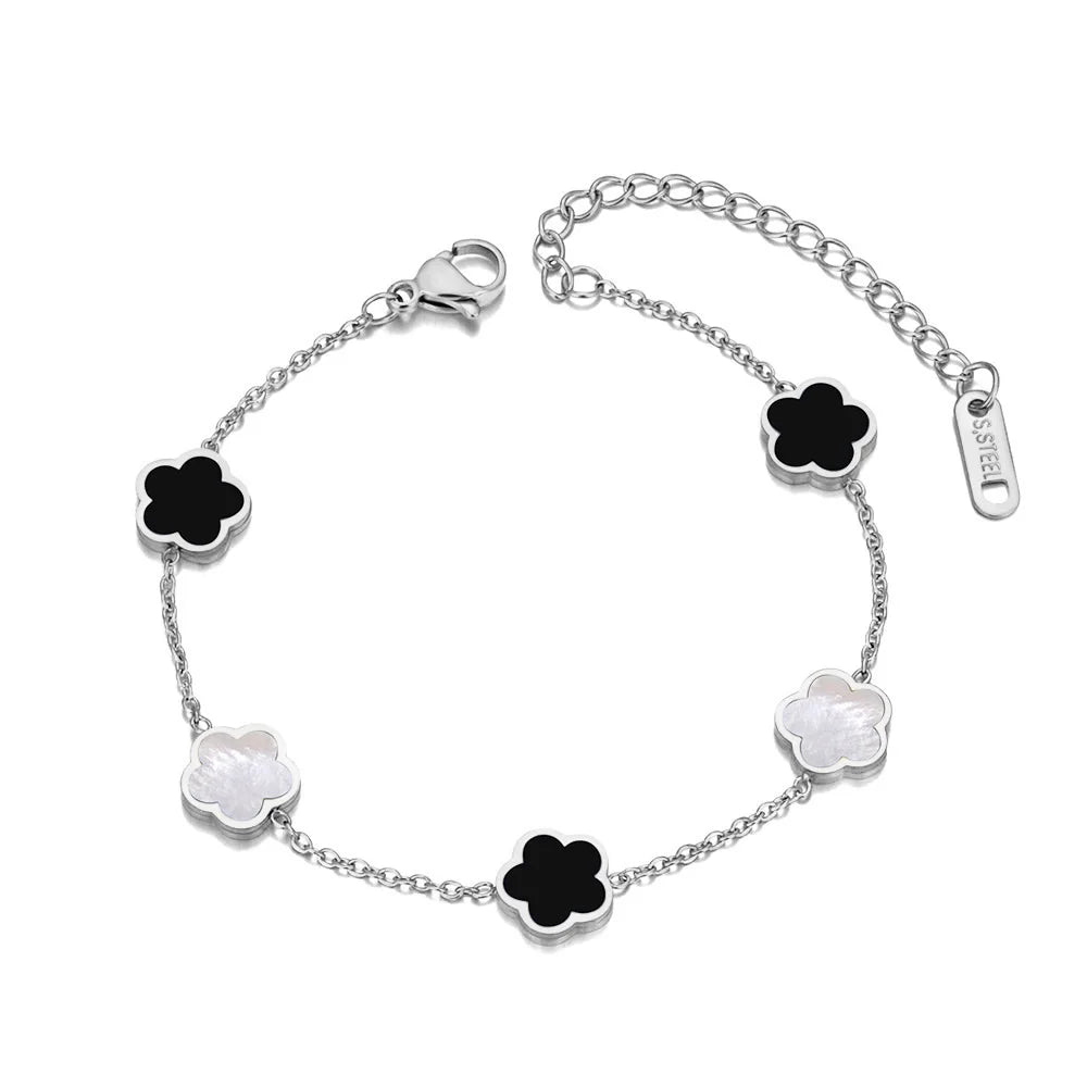 JeeMango Fashion Stainless Steel White Black Green Shell Flower Charm Bracelets For Women Real Gold Plated Chain Jewelry JB23071