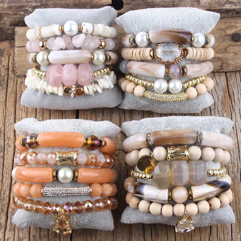RH Fashion Bohemia Beaded Jewelry Big Acryl Pipe Wood Bracelets 5pc Stack Punk Stone Bracelets Set For Women Festival Gift