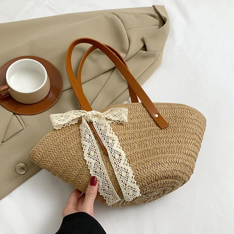 Women Braided Basket Clutches Bag Large Straw Portable Shoulder Bag Summer Beach Purses Shopper Satchel