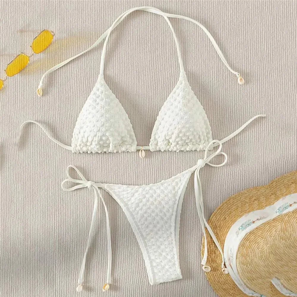 White String Micro Bikini Thong Sexy Swimsuit Women 2025 Shell Decorate Swimwear Bathing Suit Halter Triangle Bikinis Sets Mujer
