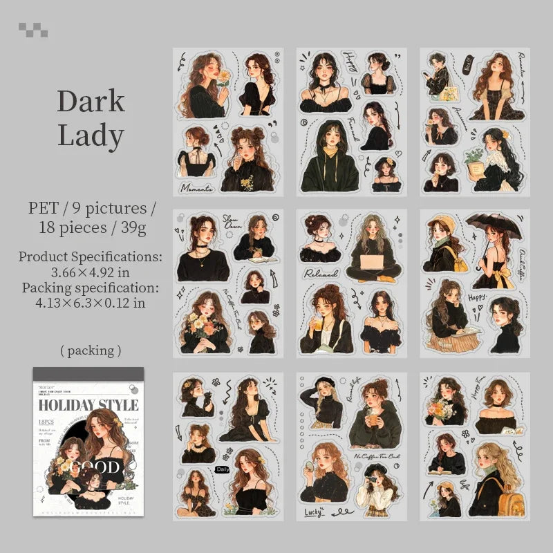 18Pcs PET Sticker Book Holiday Style Decorative Character pack Girls Bottom Daily Stationery Background Scrapbook cut 160*105mm