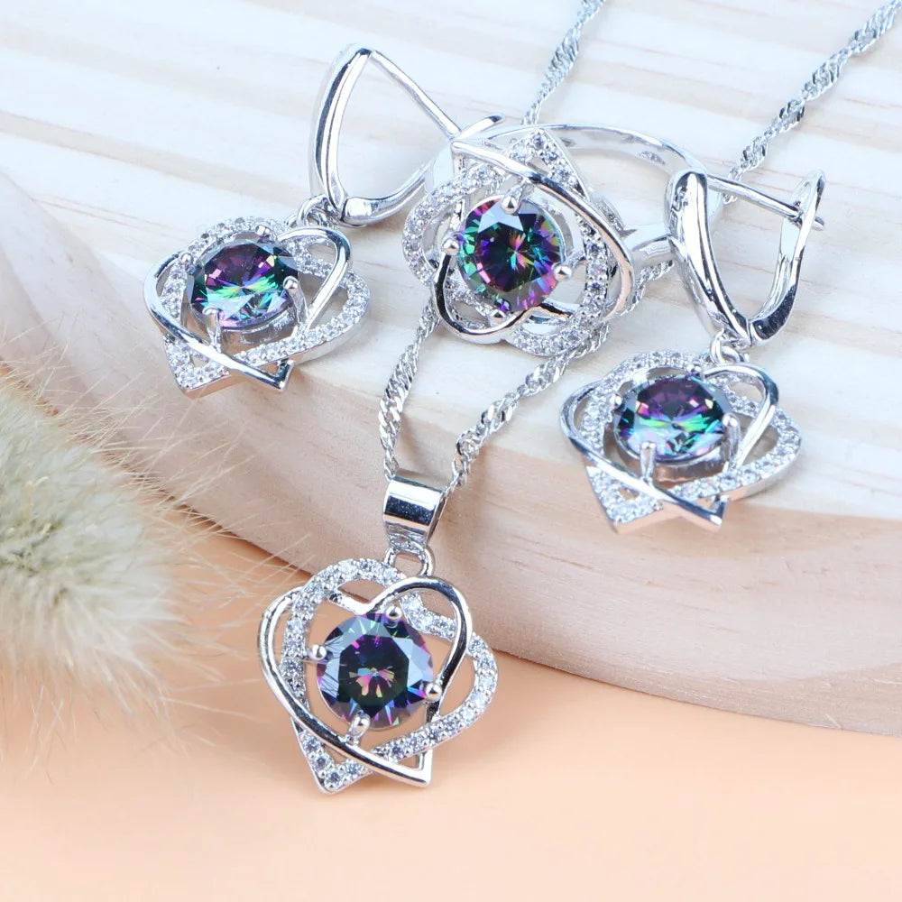 Natural Magic Rainbow Zircon Jewelry Sets Bridal Luxury Bracelets Earrings Rings Pendant Wedding Necklace Set For Women Jewelry