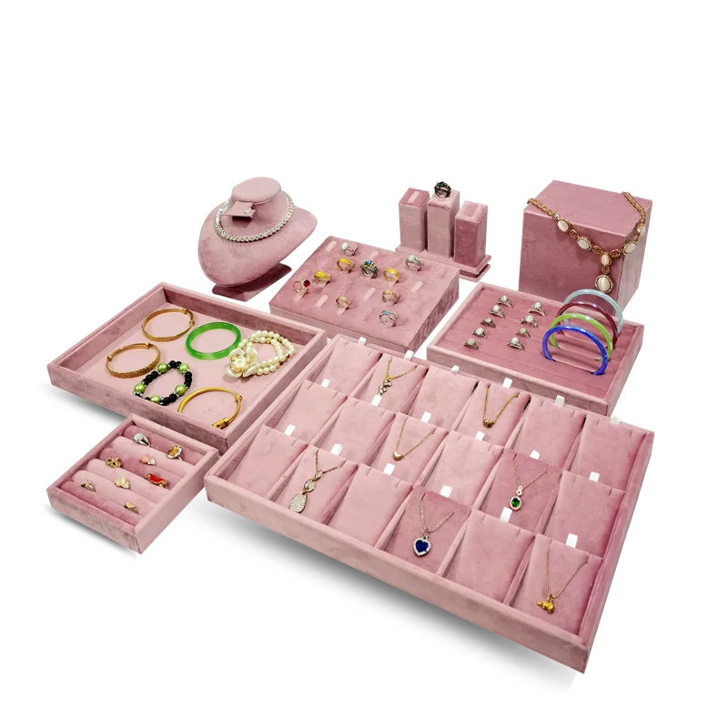 High End Pink Velvet Jewelry Display Props Ring Earrings Holder Necklace Bracelet Tray Organizer Jewelry Store Window Display