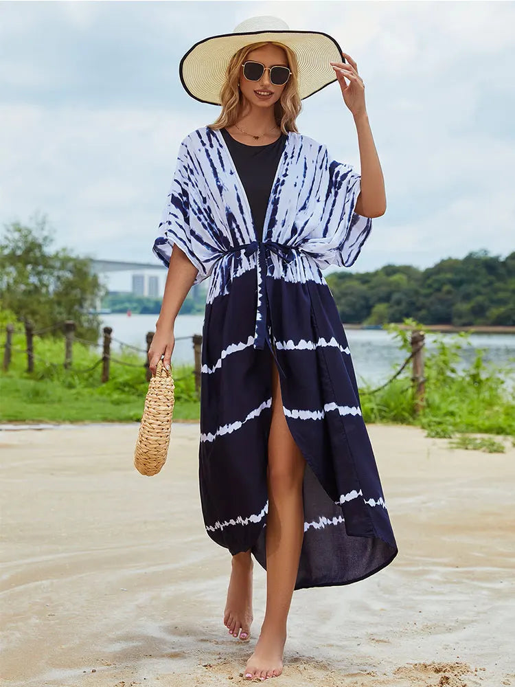 2023 Bikini Cover-ups Black Retro Striped Self Belted Women Summer Clothing Kimono Dress Beach Wear Swim Suit Cover Up Q1225