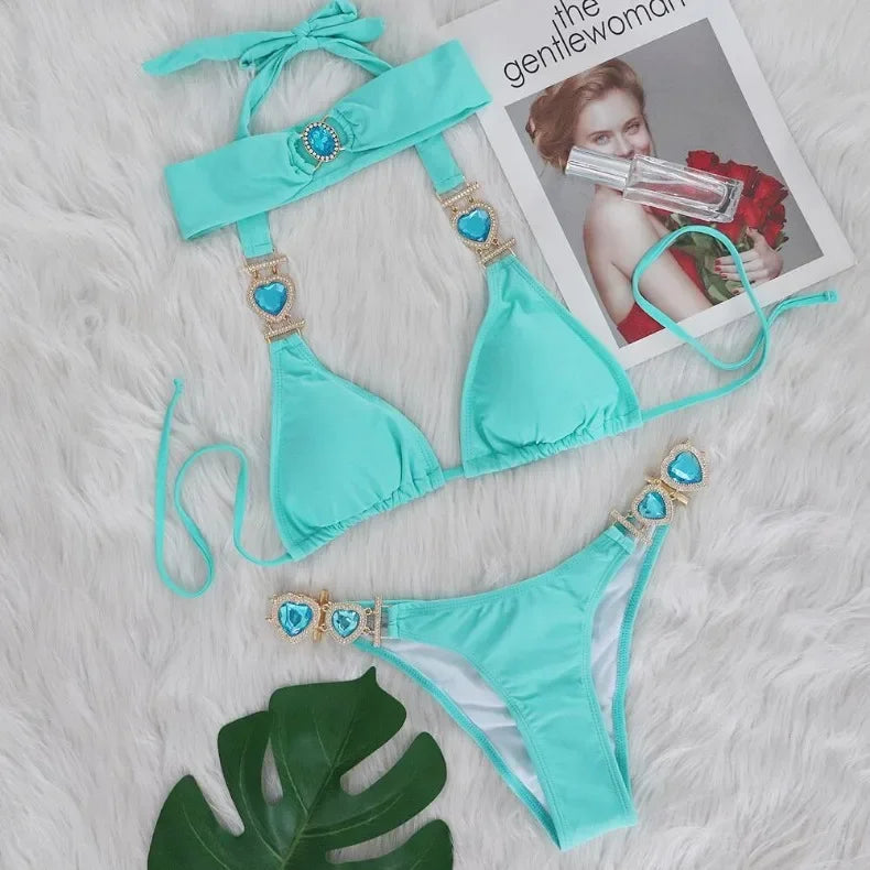 4 Colors New Sexy Bikini Women Luxury Heart-shaped Crystal Diamond Chain Solid Swimwear Swimsuit Female Bikinis Set Bathing Suit