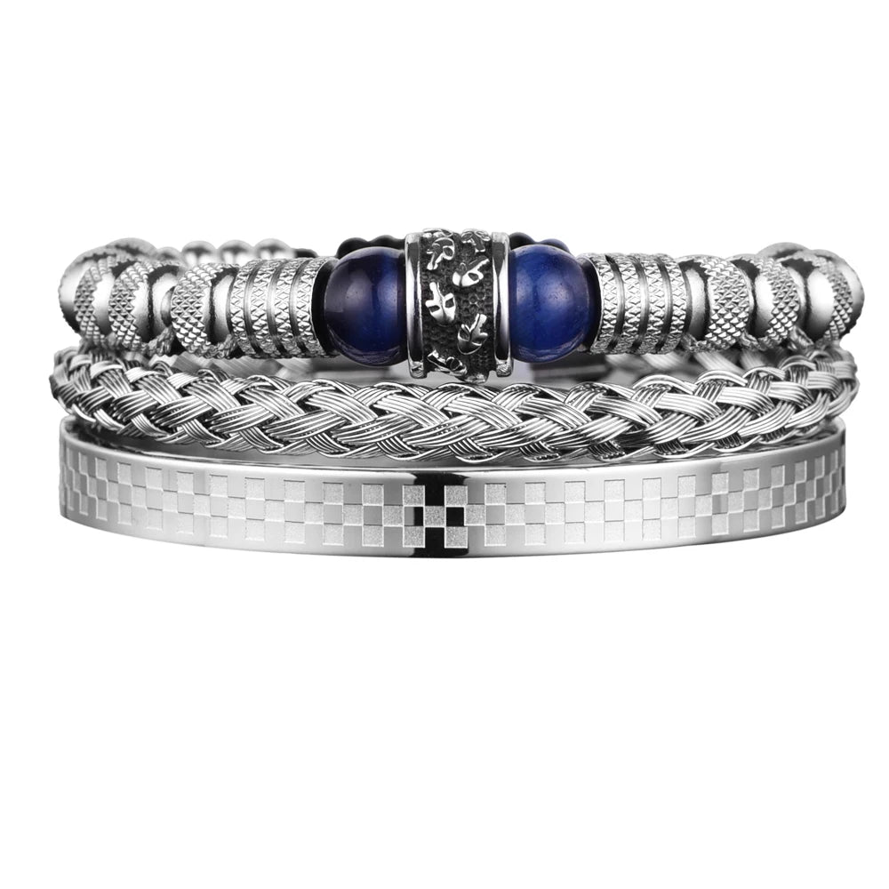 3pcs Set Men Bracelet Stainless Steel Handmade Rope Bangles Men Skull Bracelets with Tigereye Natural Stone Gift Accessories