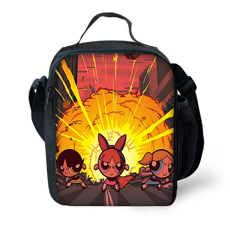 Cute P-PowerpuffS Girls 3 pcs set Child School Backpack with Lunch Bags ,Pencil Bags ,School Bags for Boys Girls Best Gift