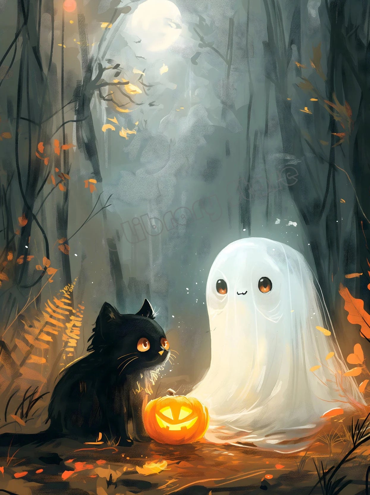 Spooky Halloween Town Folk Magical Forest Ghost Pumpkin Illustration Poster Canvas Painting Wall Pictures Holiday Home Decor