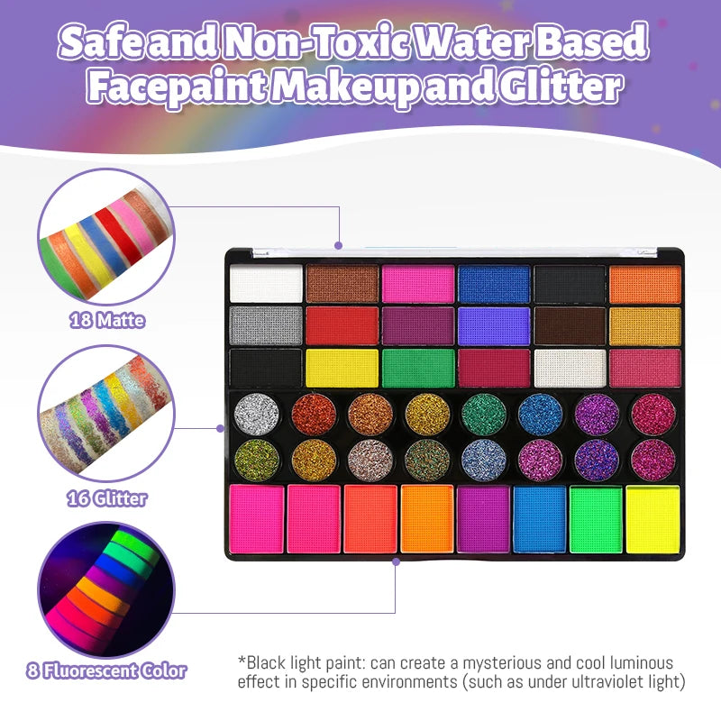 42-Colors Water-Based Face & Body Painting Kit,UV Neon Glitter Fluorescent Paint Makeup,Face Body Paint Art Festivals Halloween