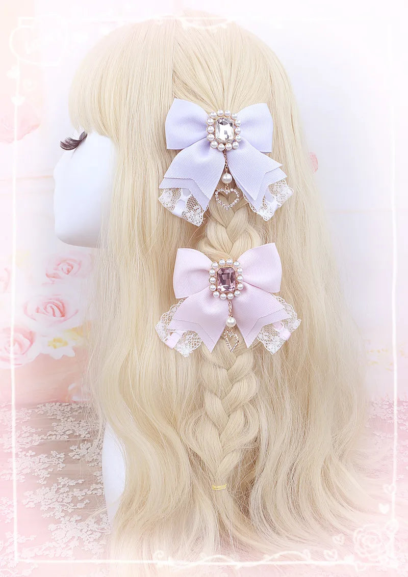 Japanese Sweet Cute Handmade Rhinestone Bow Hairpin Pearl Lace Hairclips Lolita Women Girls Side Clip Bag Pendant Handbag Charms