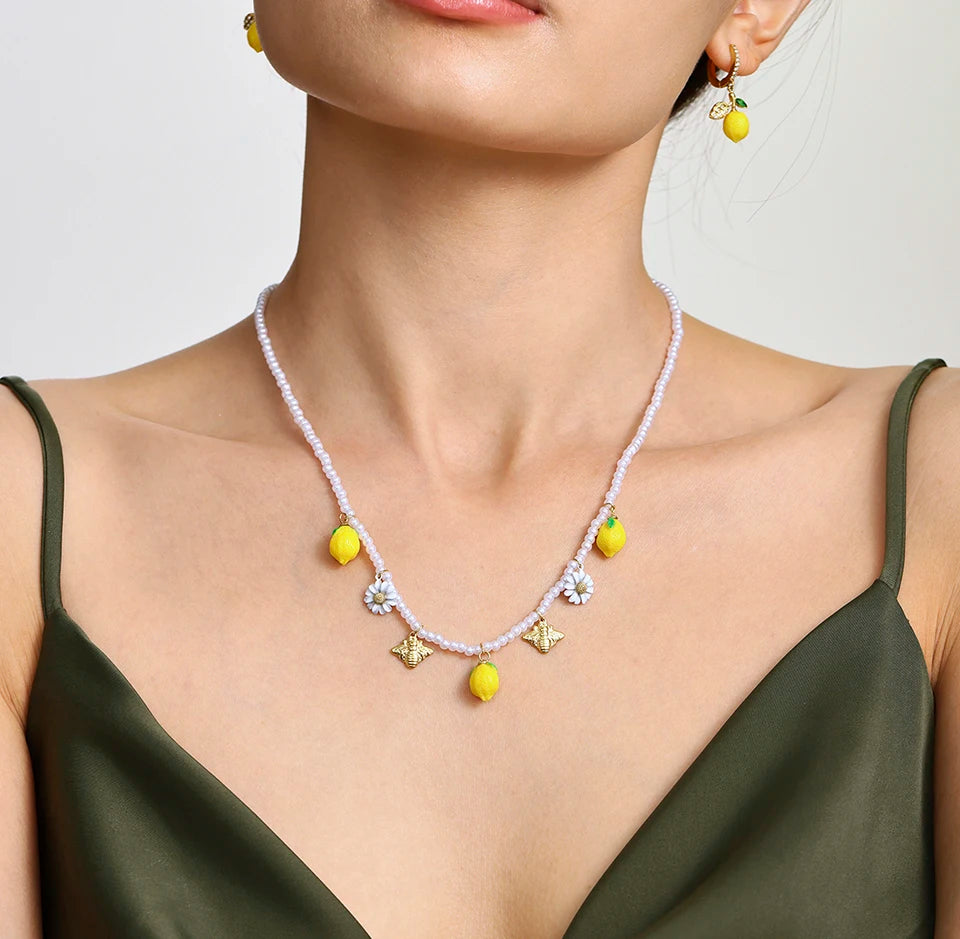 Shell Beads Bracelet With Multi Lemon Charms For Women Handmade Beaded Bracelets Matching Earrings Necklace Cute Jewelry Sets