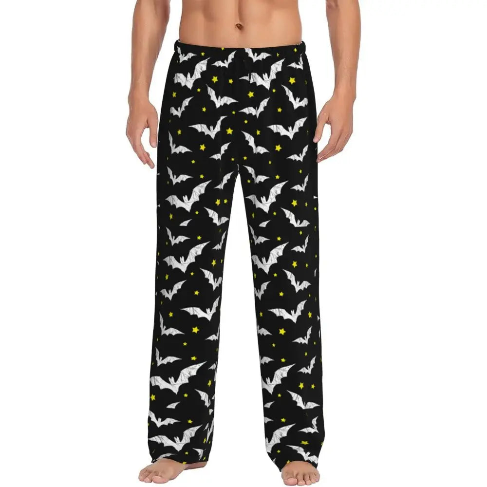 Custom Cute Spooky Halloween Bats Black And Purple Pajama Pants for Men Lounge Sleep Drawstring Sleepwear Bottoms with Pockets