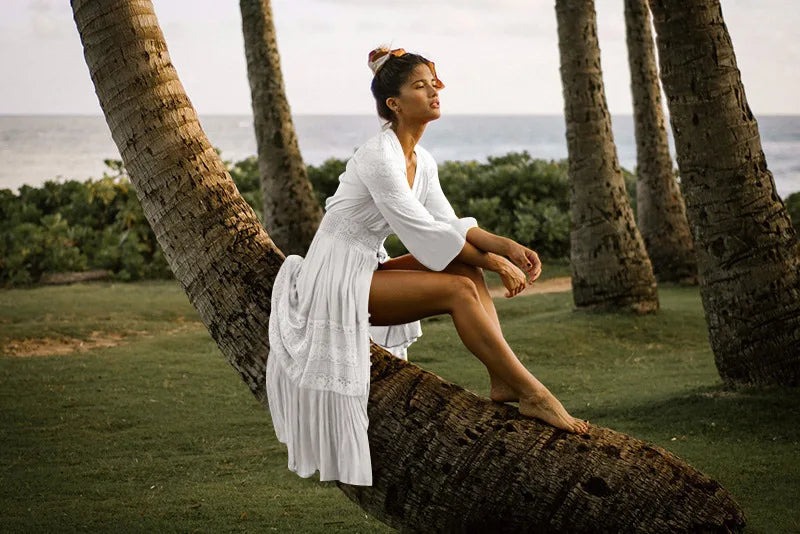 2024 Crochet White Knitted Beach Cover Up Dress Tunic Long Pareos Bikinis Cover Ups Swim Cover Up Robe Plage Beachwear