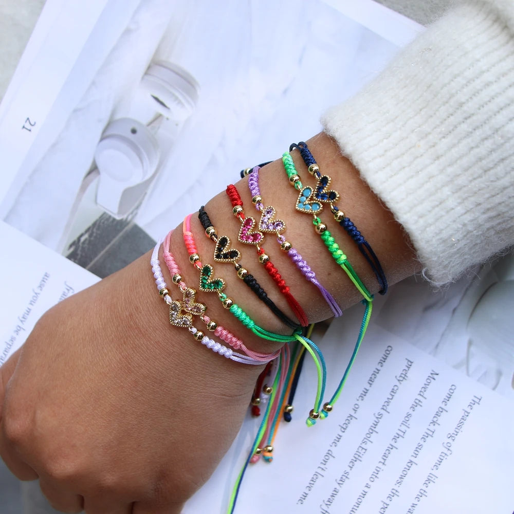 10PCS, Heart Shaped Love Rainbow Braided Bracelet Simple Trendy Ladies Thread Jewelry Gift Summer Charm Rope Cords Bracelets New
