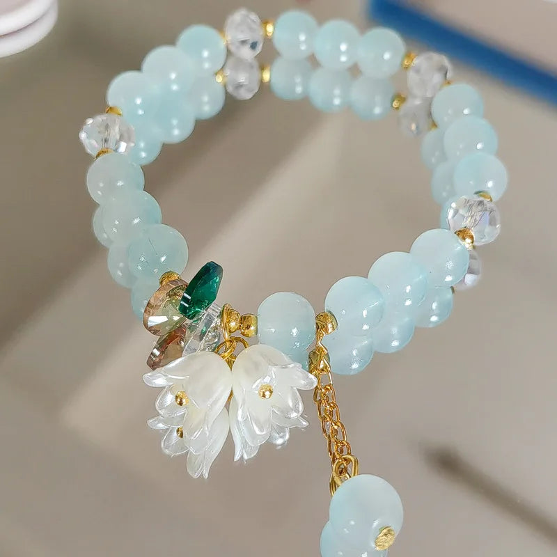 Cute Green Crystal Bead Bracelet for Women Trendy Lily Valley Flower Charm Elastic Adjustable Bracelet Wedding Birthday Jewelry