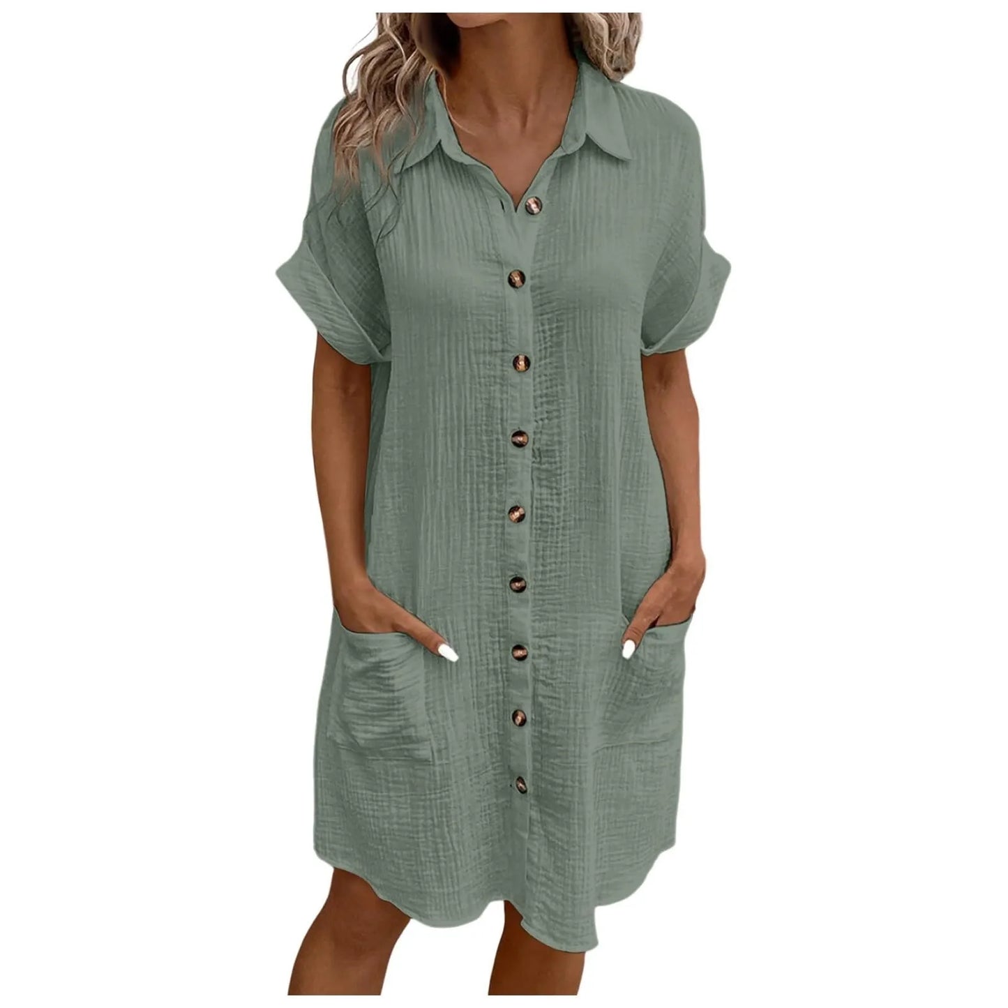 Women'S Fashion Summer Minimalist V-Neck Button Up Dress Woman Cotton Linen White Short Sleeved Pocket Casual Loose Shirt Dress