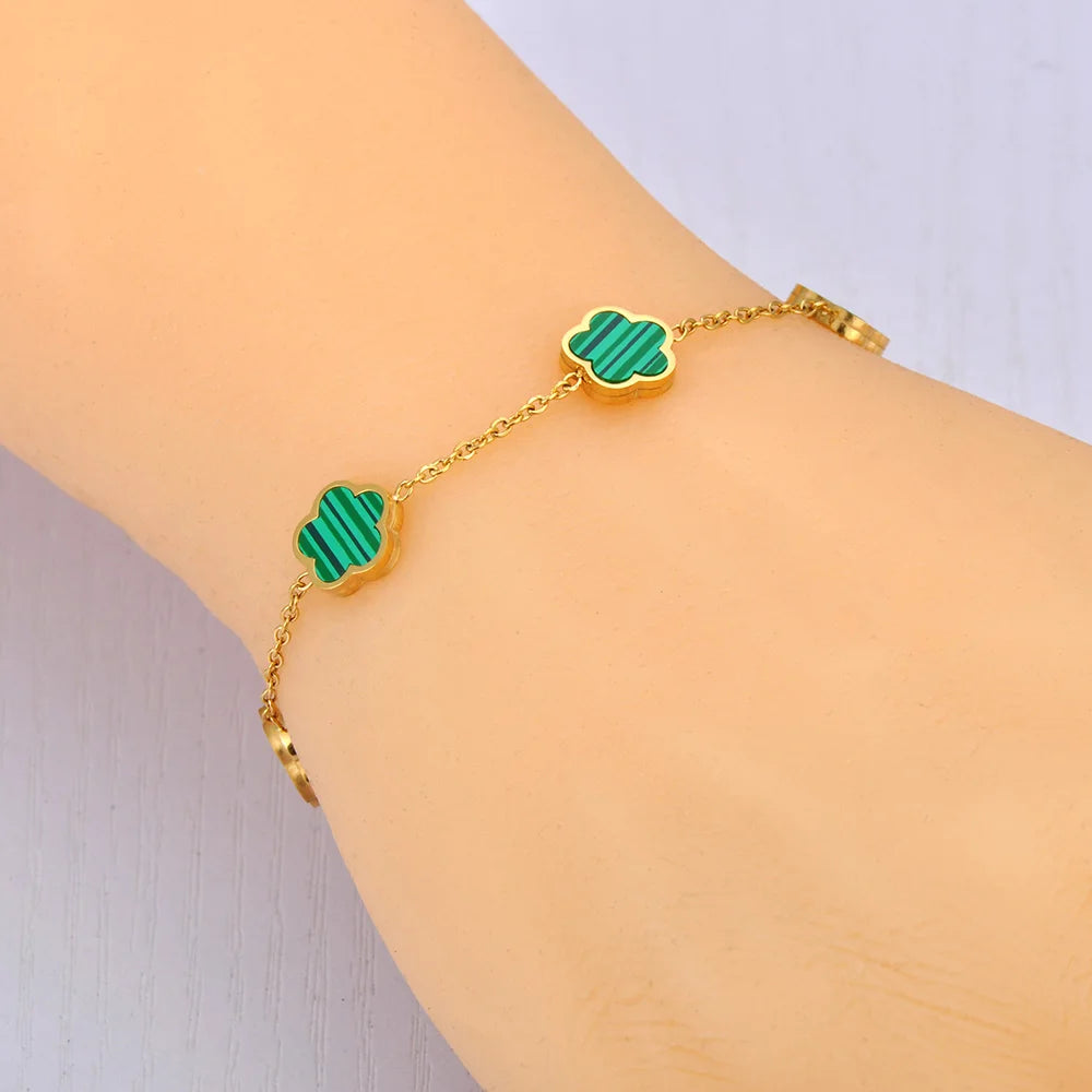 JeeMango Fashion Stainless Steel White Black Green Shell Flower Charm Bracelets For Women Real Gold Plated Chain Jewelry JB23071
