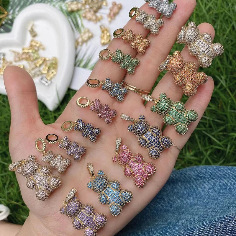 Luxury Fine Inlaid Rainbow Cubic Zirconia Charm Pendant,Cute Bear Jewelry Necklace Bracelet Making Wholesale Supplies M85