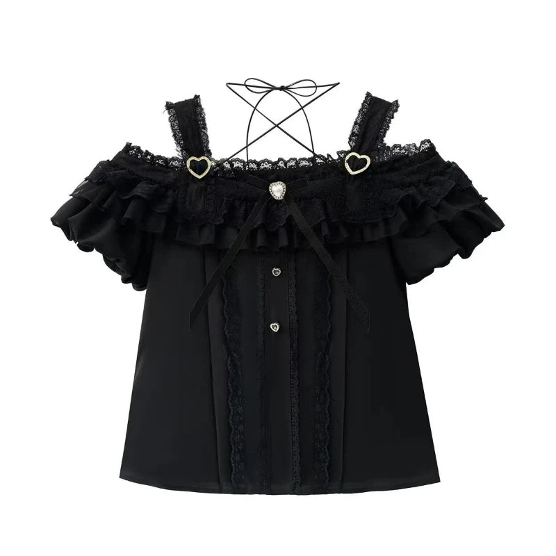 Japanese Gothic Y2k Lolita Style Skirt Sets Women Sweet Bow Off Shoulder Shirts Cute Mini Cake Skirts Korean Fashion Party Suit