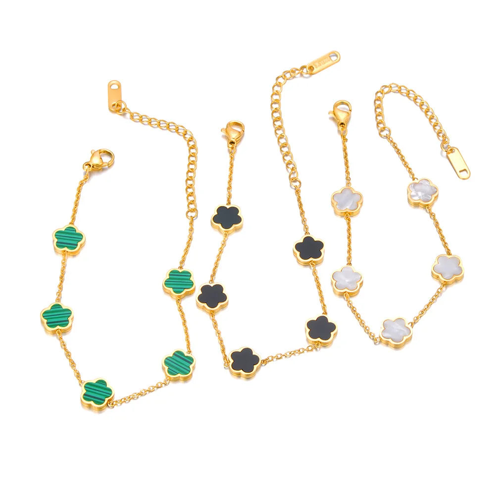 JeeMango Fashion Stainless Steel White Black Green Shell Flower Charm Bracelets For Women Real Gold Plated Chain Jewelry JB23071