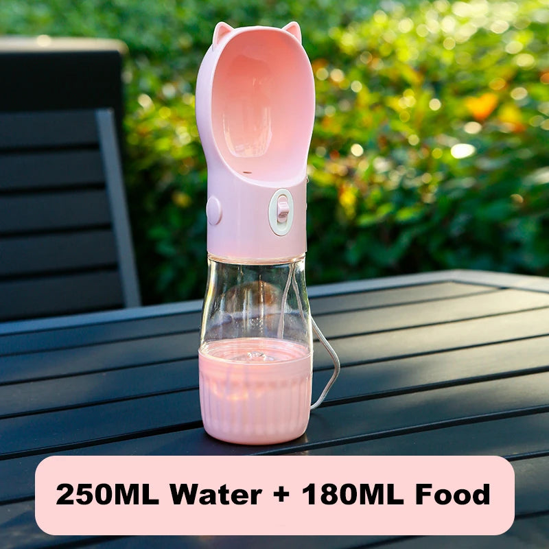 2 in 1 Portable Dog Water Bottle PC Plastic Cat Head Puppy Pet Drink Bowl 250ML Feeding Water Bowl 180ML Storage Food Container