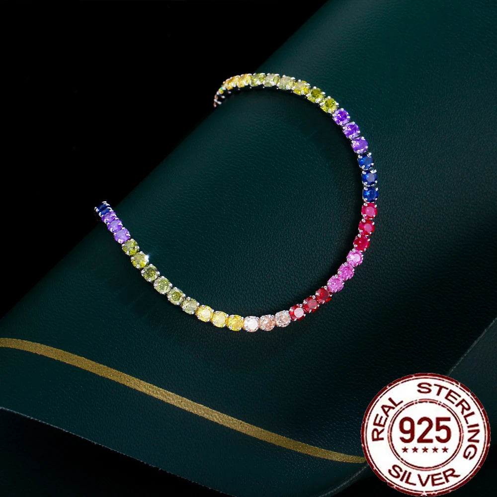 CWWZircons Sterling Silver 925 Multicolor Rainbow Tourmaline Tennis Chain Bracelets for Women Party Colorful CZ Jewelry SB018
