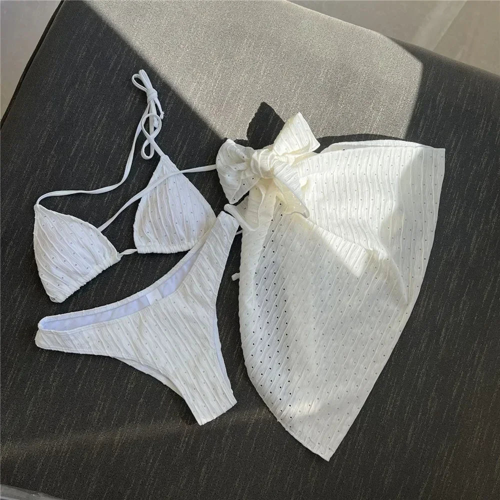 White Swimwear with Cover Up Halter Micro Thong 3 Piece Bikini Set Women Textured Swimsuit String Bathing Suit Bikinis Beachwear