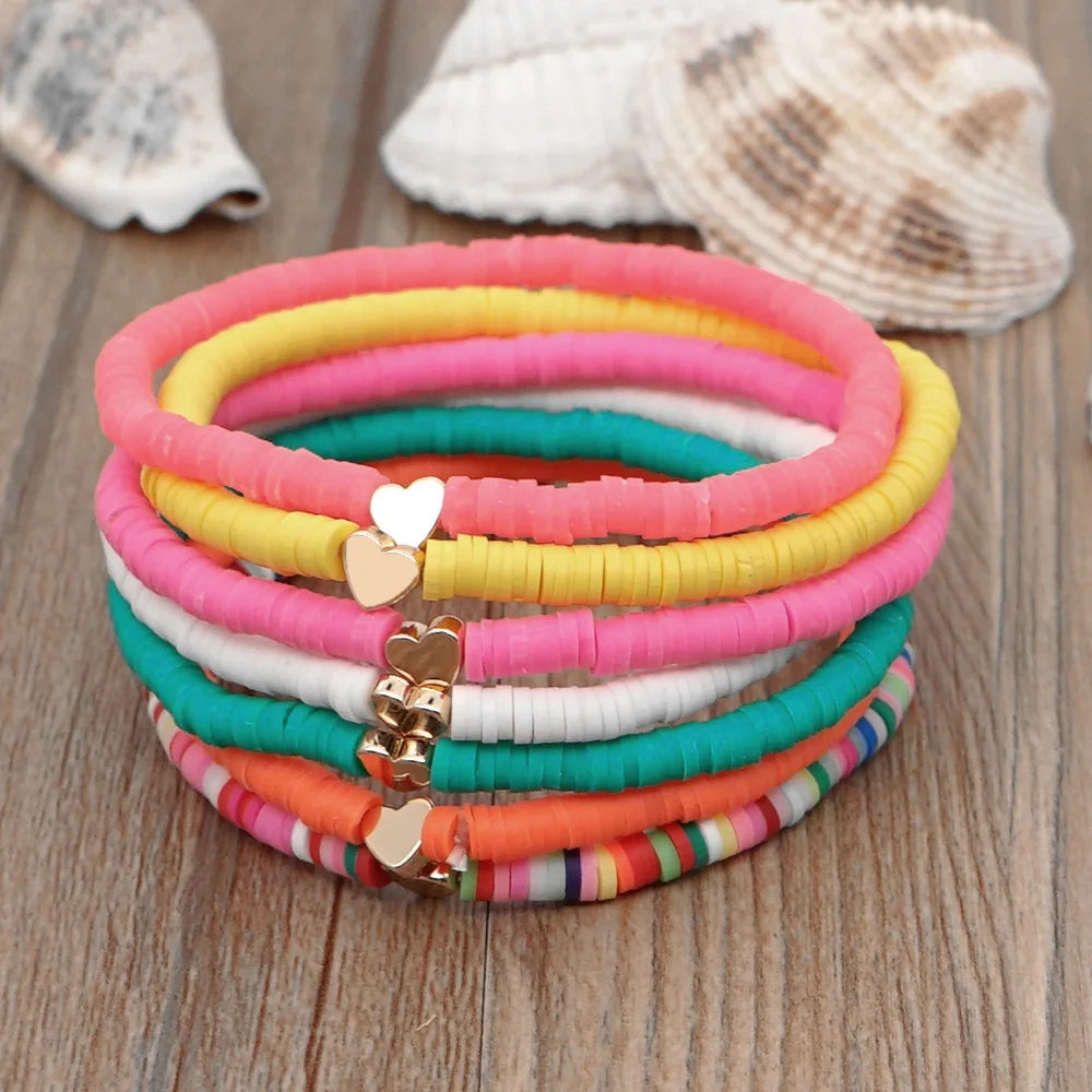 Fashion Rainbow Stackable Bracelets Set For Women Heart Charm Soft Clay Pottery Layering Beads Chain Bangle Female Boho Jewelry
