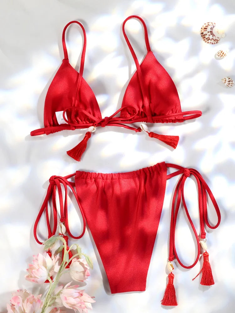 ZRTAK String Beachwear Shell Tassels Red Bikinis Sexy Swimsuit Women Two Piece Biquini Bathing Suit Swimwear Triangle Bikini Set