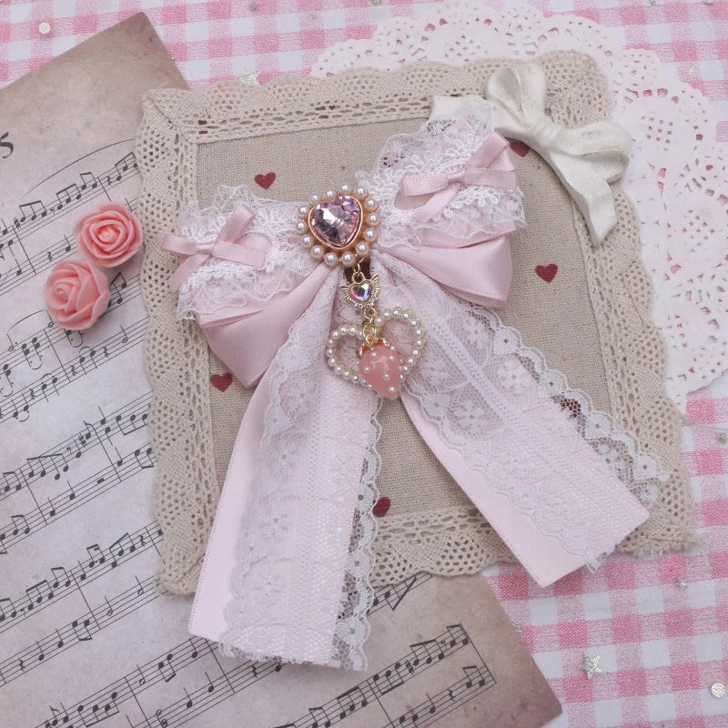 Lolita Style Hairclips Y2K Girl Handmade Bow Lace Ribbon Bowknot Hair Clip with Strawberry Heart Accessories Pendant