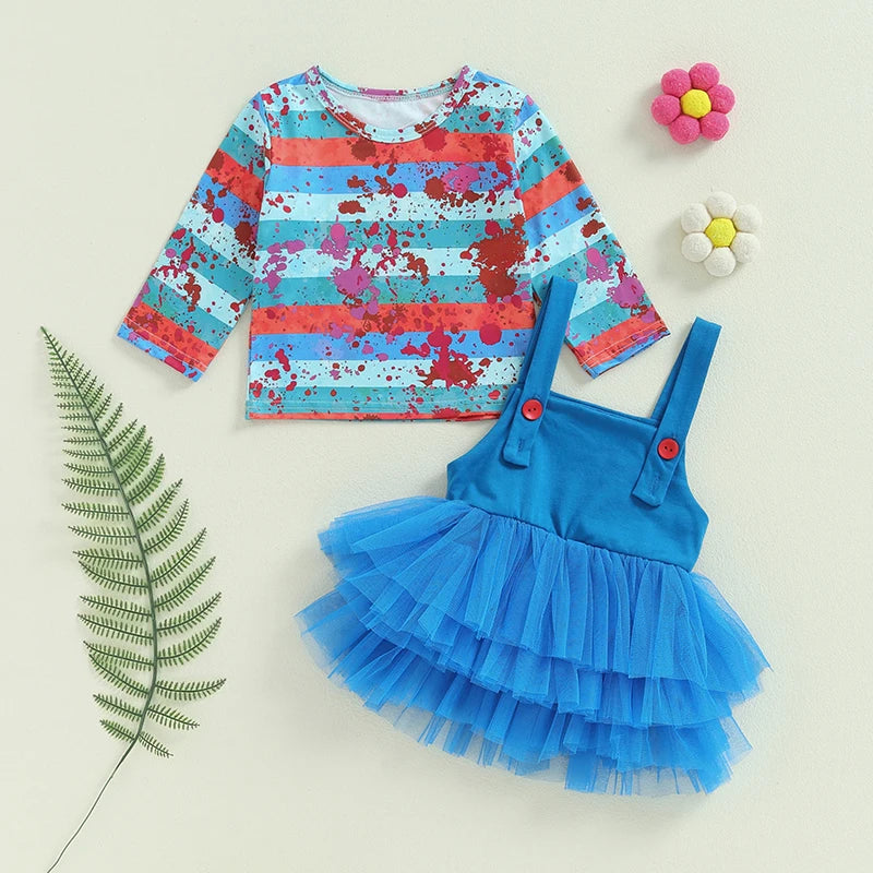 FOCUSNORM 1-5Y Lovely Little Girls Halloween Clothes Sets Bloody Stripe Print Long Sleeve Tops and Lace Tulle Suspender Skirt