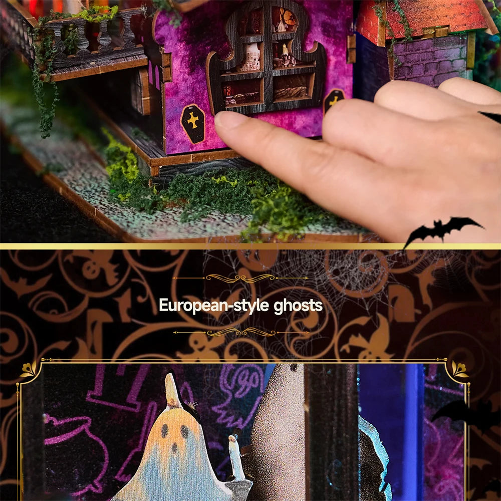Retro DIY Wooden Halloween Night House Figurines Miniatures Kits With LED Lights Home Desk Decoration For Adult Handmade Gifts