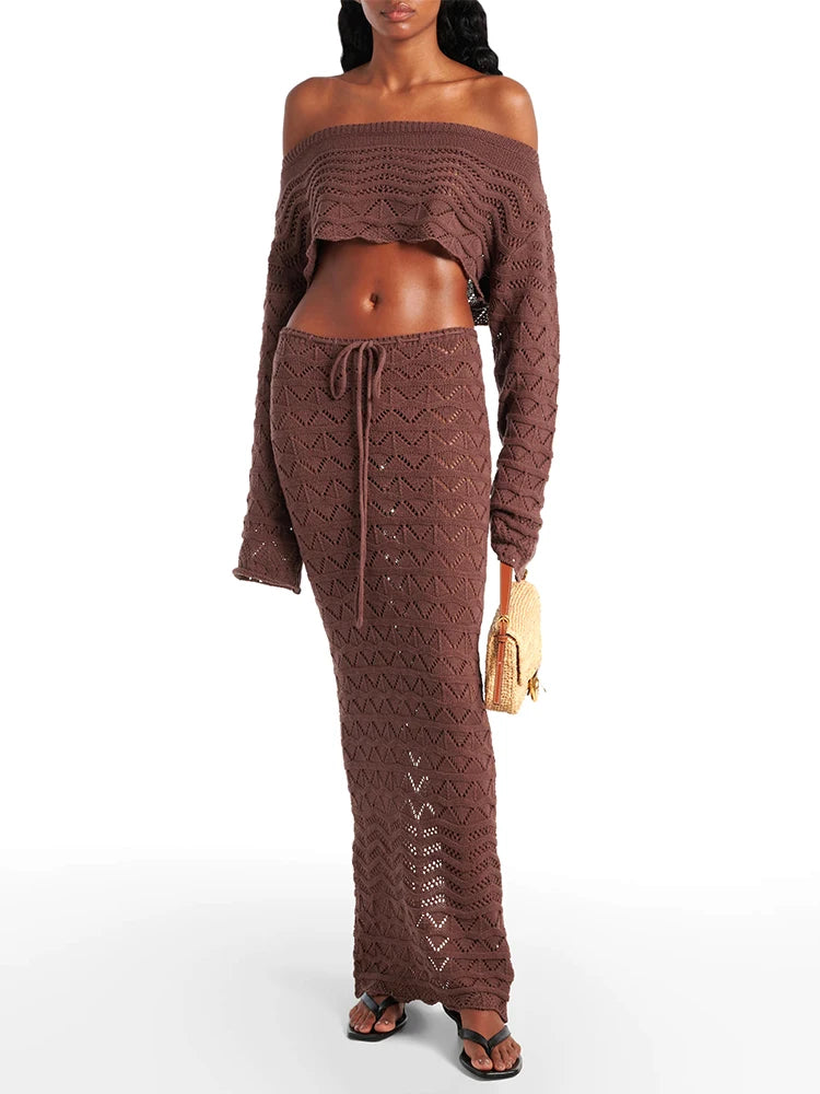 Sexy Knit One-neck Long Sleeve Short Top Drawstring Half Skirt Beach Two-piece 2025 Women Summer Swimsuit Cover Up Chic Set K172