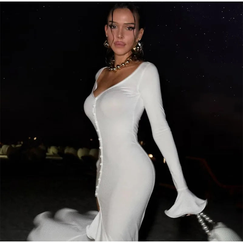 Flounce Solid Color Slim Dress Woman Single Breasted Deep V-Neck Flared Sleeve Irregular Hem Dresses Elegant Women's Slit Dress