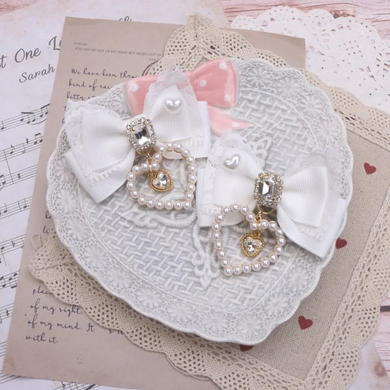 1 Pair Female Hair Clips Pearl Heart Side Clip Sweet Girl's Hairclips Lolita Hairpin Headdress Jiraikei Accessories